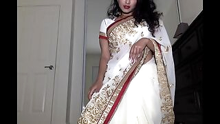 Desi Dhabi in Saree getting Unadorned and Plays with Hairy Pussy