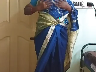 des indian horny cheating tamil telugu kannada malayalam hindi wife vanitha wearing blue colour saree  showing big boobs and shaved pussy press hard boobs press nip rubbing pussy masturbation